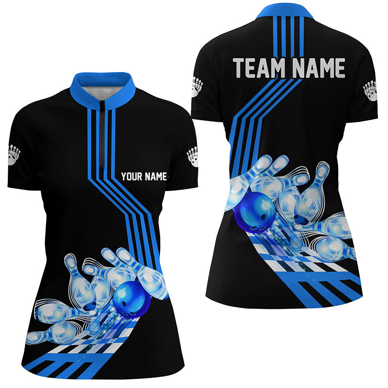 Women Bowling Quarter Zip Shirt Custom Bowling Team league Jerseys, gifts for bowlers | Blue NQS7070