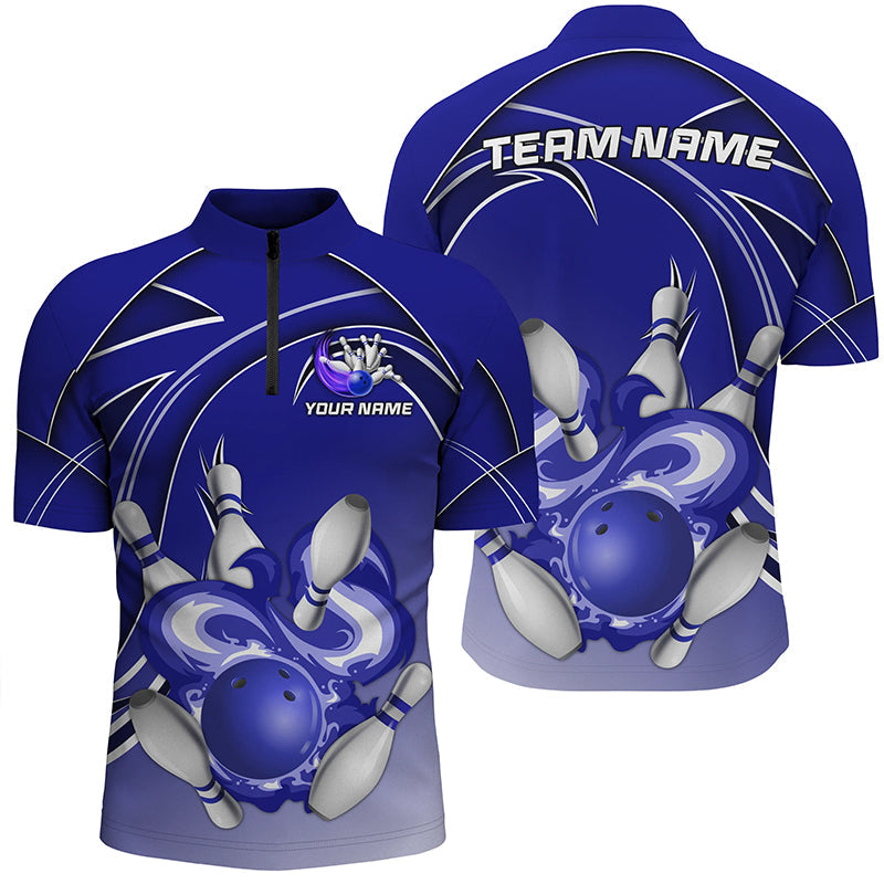 Men Bowling Quarter Zip Shirt Custom Bowling ball pins Team league Jerseys, gifts for bowlers | Blue NQS7073
