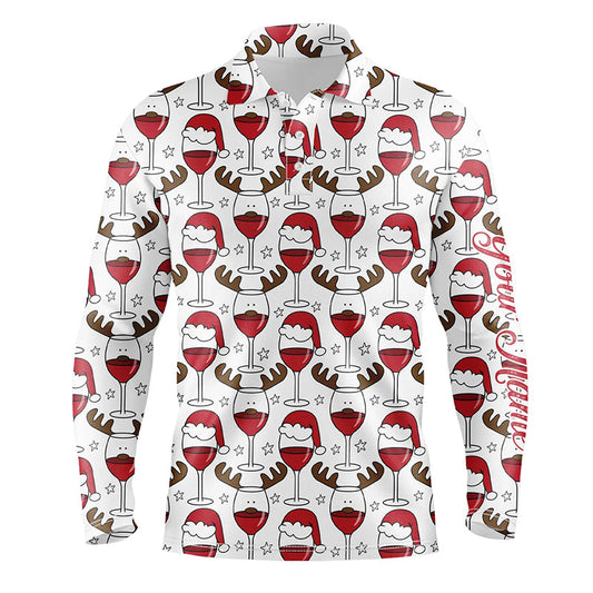Mens golf polo shirt custom Christmas Wine glass in reindeer antler santa hat, gift for golf lovers NQS6723