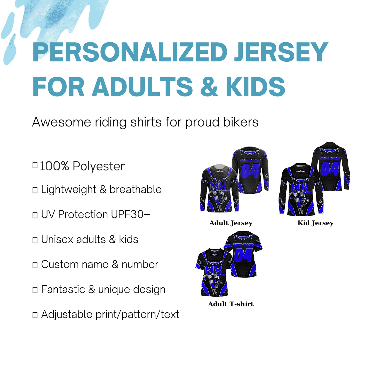 Customized name&number MX riding jersey blue kids men women Motocross racing UV off-road motorcycle PDT154