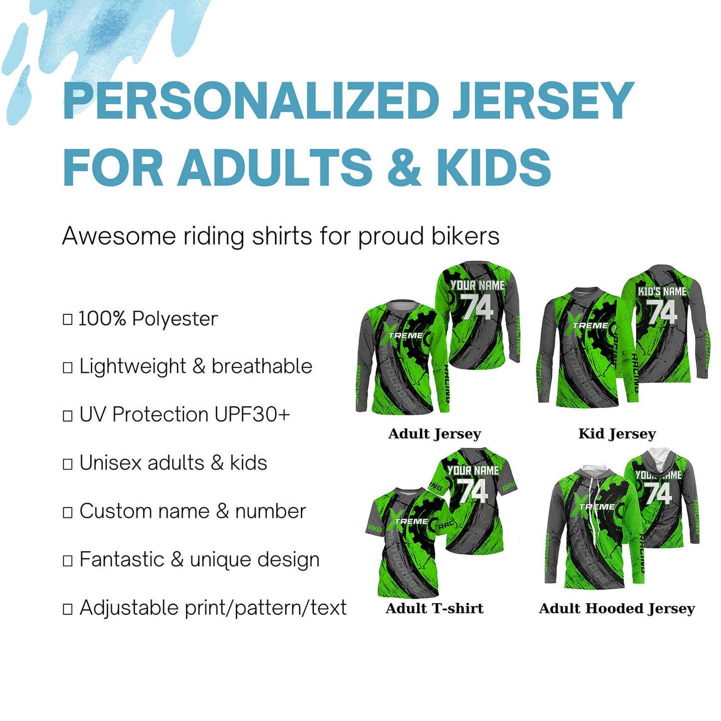 Xtreme dirt bike green Motocross racing jersey UPF30+ personalized adult kid MX shirt motorcycle PDT62