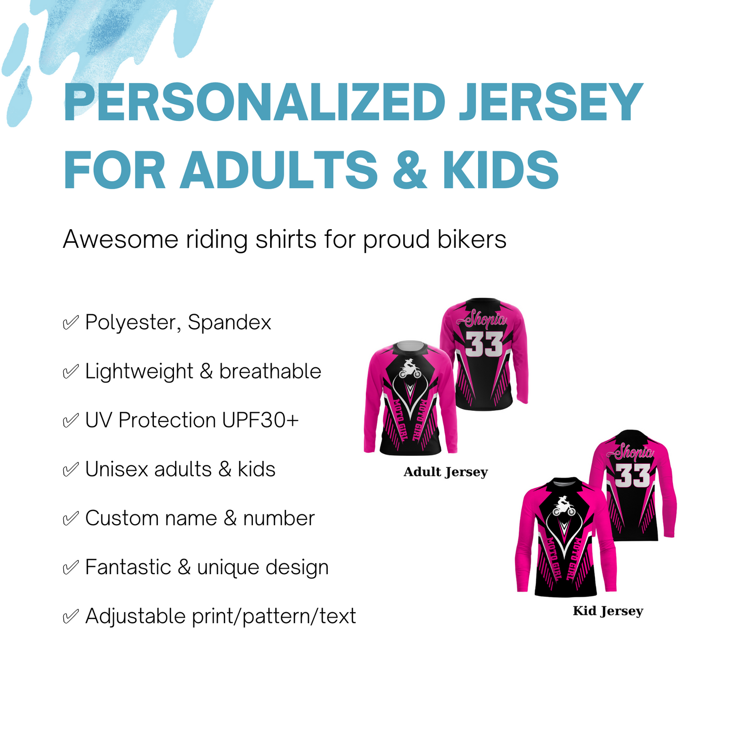 MotoGirl Custom Motocross Jersey UPF30+ Adult&Kid Pink Dirt Bike Racing Women MX Motorcycle| NMS850