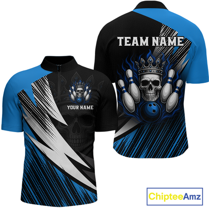 Blue Skull Crown Bowling Custom Men Bowling Shirt Polo & Quarter-Zip Bowling Team Jerseys HNT65