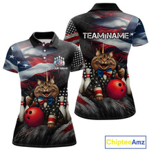Load image into Gallery viewer, American Flag Funny Cat Bowling Shirt for Women Custom Bowling League Jersey Polo &amp; 1/4 Zip Shirt QZT807