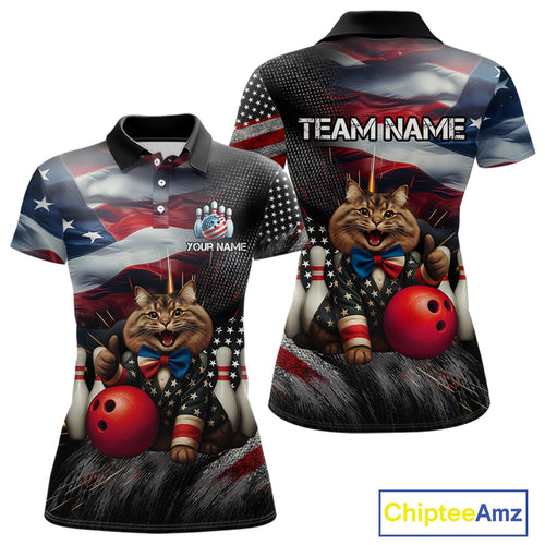 American Flag Funny Cat Bowling Shirt for Women Custom Bowling League Jersey Polo & 1/4 Zip Shirt QZT807