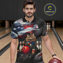 Load image into Gallery viewer, American Flag Funny Cat Bowling Shirt for Men Custom Bowling League Jersey Polo &amp; 1/4 Zip Shirt QZT807