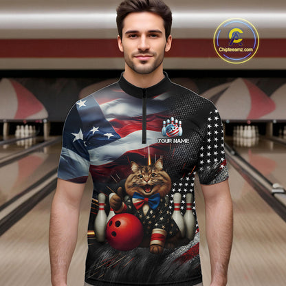 American Flag Funny Cat Bowling Shirt for Men Custom Bowling League Jersey Polo & 1/4 Zip Shirt QZT807