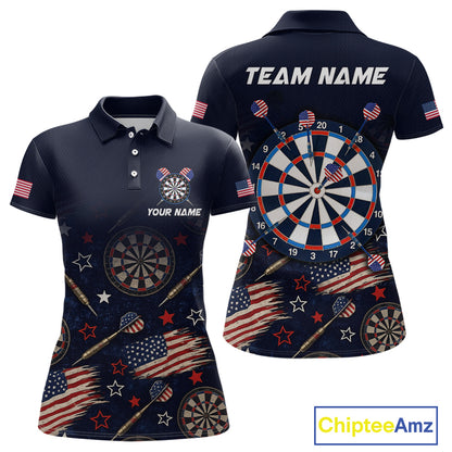 Front and back view of a custom navy dart polo shirt featuring a distressed American flag graphic with personalized team name and player name.