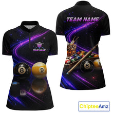 Load image into Gallery viewer, Front and back views of a women's short-sleeve polo shirt on a white background. The shirt features a black base with a vibrant purple and pink cosmic galaxy print, decorated with 8-ball and 9-ball pool balls, a pool cue, and a beer glass graphic.
