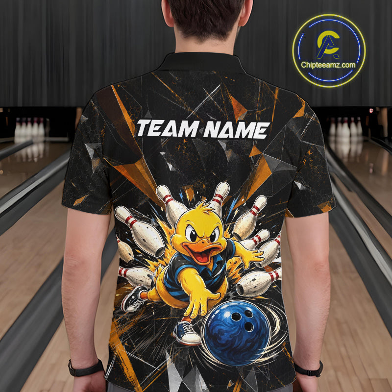 Male model wearing a custom black duck bowling polo shirt back view displaying the personalized team name above a playful cartoon graphic at the bowling alley