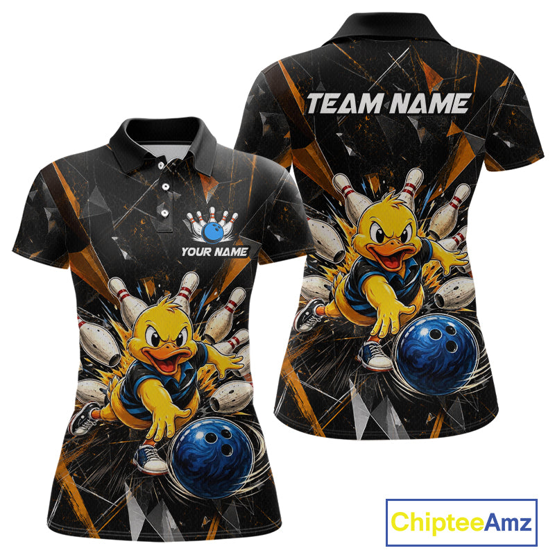 Front and back view custom black duck bowling polo shirt featuring a playful cartoon with bowling ball, bowling pins and orange cracked lightning pattern, personalized with team name and player name