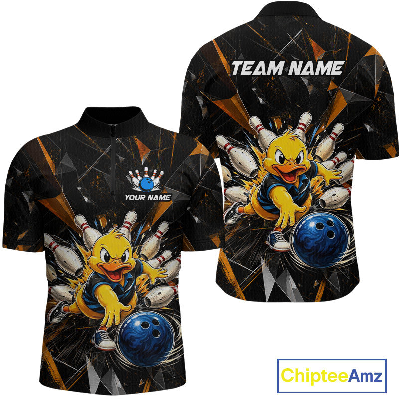 Front and back view custom black duck bowling quarter-zip shirt featuring a playful cartoon with bowling ball, bowling pins and orange cracked lightning design, personalized with team name and player name
