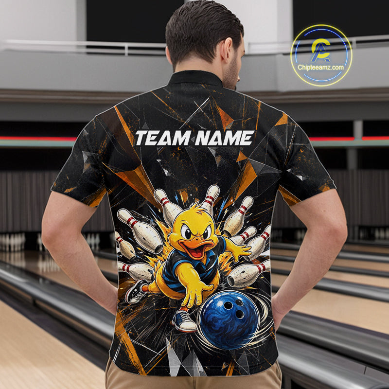 Male model wearing a custom black duck bowling quarter-zip shirt back view displaying the personalized team name above a playful cartoon graphic at the bowling alley
