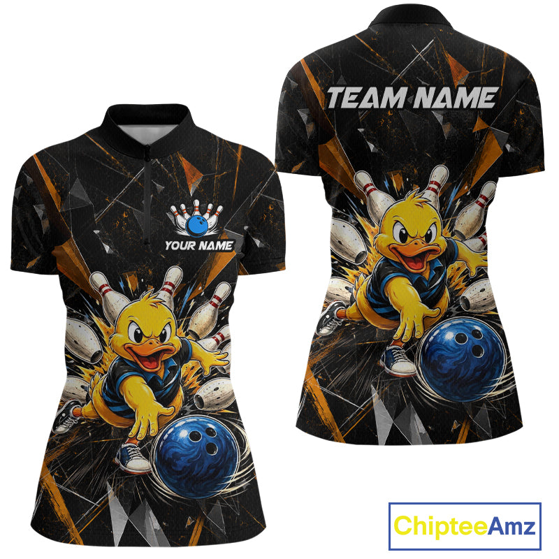 Front and back view custom black duck bowling quarter-zip shirt featuring a playful cartoon with bowling ball, bowling pins and orange cracked lightning design, personalized with team name and player name