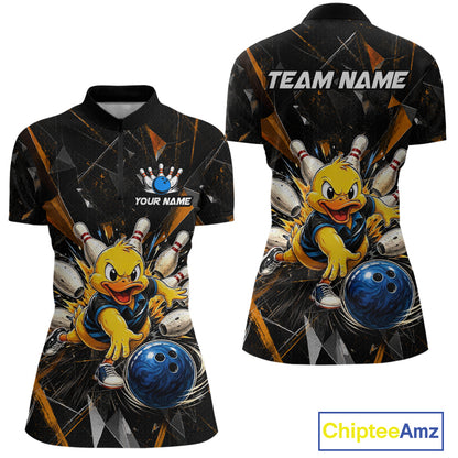 Front and back view custom black duck bowling quarter-zip shirt featuring a playful cartoon with bowling ball, bowling pins and orange cracked lightning design, personalized with team name and player name