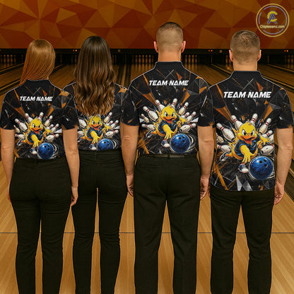 Group of four wearing custom black bowling shirts back view displaying personalized team names above playful cartoon duck artwork on an orange cracked lightning background at the bowling alley