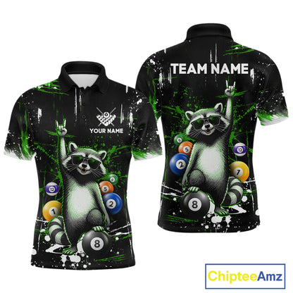 Custom Green Funny Raccoon Billiard Shirt for Men 8 Ball Pool Billiard Jersey Polo & 1/4-Zip BHT5