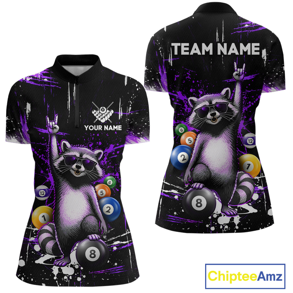 Custom Purple Funny Raccoon Billiard Shirt for Women 8 Ball Pool Billiard Jersey Polo & 1/4-Zip BHT5