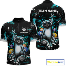 Load image into Gallery viewer, Custom Turquoise Funny Raccoon Billiard Shirt for Men 8 Ball Pool Billiard Jersey Polo &amp; 1/4-Zip BHT5