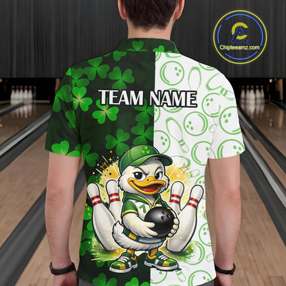 Custom Green Funny Duck Bowling Team Shirt for Men Lucky Clover St Patrick Day Bowling League Outfit QZT861