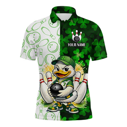Custom Green Funny Duck Bowling Team Shirt for Men Lucky Clover St Patrick Day Bowling League Outfit QZT861