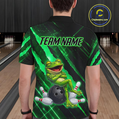 Custom Green Funny Frog Bowling Shirt for Men Bowling Jersey Polo & 1/4 Zip Bowling Outfit QZT1026