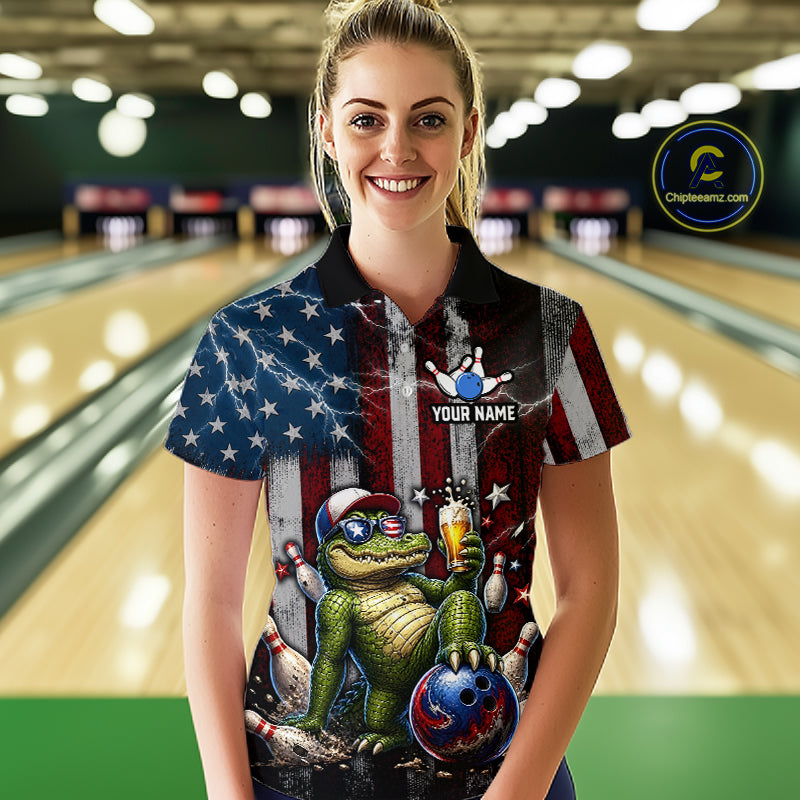 Custom American Flag Funny Beer Bowling Shirt for Women Patriotic Bowling League Jersey QZT1023