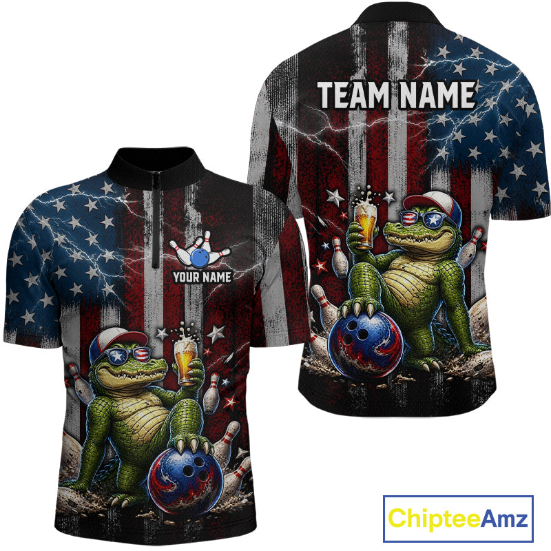 Custom American Flag Funny Beer Bowling Shirt for Men Patriotic Bowling Jersey Polo & 1/4-Zip QZT1023