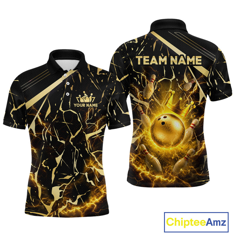 Front and back view custom black gold bowling polo shirt featuring a glowing bowling ball, lightning energy effect and black gold marble crack pattern, personalized with team name and player name