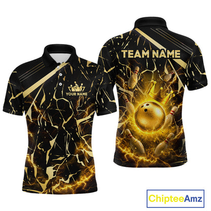 Front and back view custom black gold bowling polo shirt featuring a glowing bowling ball, lightning energy effect and black gold marble crack pattern, personalized with team name and player name