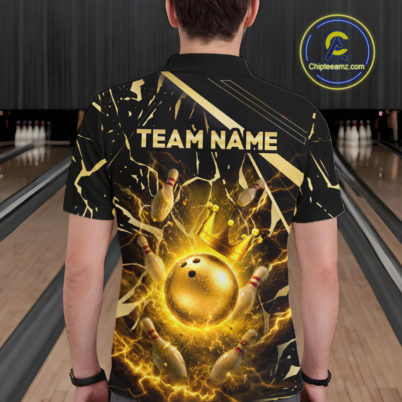 Male model wearing a custom black gold bowling polo shirt back view displaying the personalized team name above a glowing bowling ball with lightning energy artwork at the bowling alley