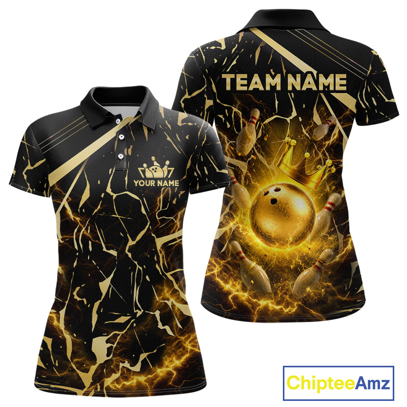 Front and back view custom black gold bowling polo shirt featuring a glowing bowling ball, lightning energy effect and black gold marble crack pattern, personalized with team name and player name