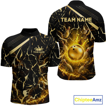 Front and back view custom black gold bowling quarter-zip shirt featuring a glowing bowling ball, lightning energy effect and black gold marble crack design, personalized with team name and player name