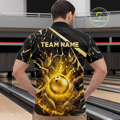 Male model wearing a custom black gold bowling quarter-zip shirt back view displaying the personalized team name above a glowing bowling ball with lightning energy artwork at the bowling alley