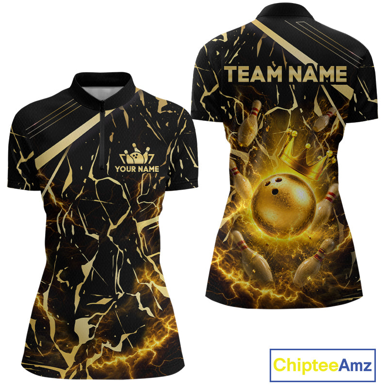 Front and back view custom black gold bowling quarter-zip shirt featuring a glowing bowling ball, lightning energy effect and black gold marble crack design, personalized with team name and player name