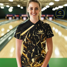 Load image into Gallery viewer, Female model wearing a custom black gold bowling quarter-zip shirt front view featuring a glowing bowling ball, lightning energy effect and black gold marble crack pattern at the bowling alley