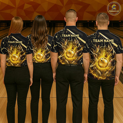 Group of four wearing custom black gold bowling shirts back view displaying personalized team names above glowing bowling ball artwork on a black gold marble crack background at the bowling alley