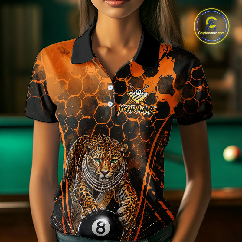 Custom Diomond Leopard Billiard Shirt, 8 Ball Pool Team Jersey for Women, Polo & 1/4 Zip BHT105