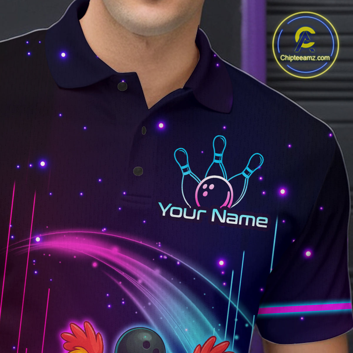 Neon Funny Family of Four Chicken Bowling Team Shirt for Men Bowling League Jersey QZT787