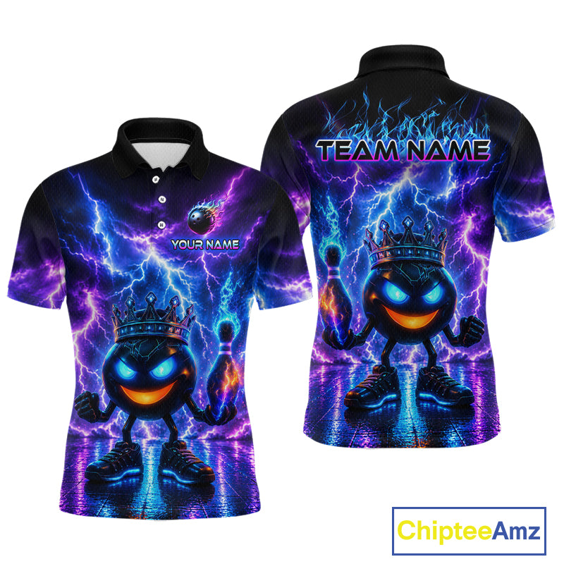 Polo shirt with a colorful design featuring a character with a crown and lightning effects, on a white background.