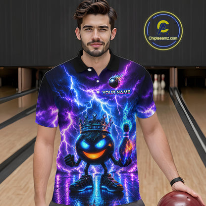 Man wearing a colorful bowling shirt with a design on a bowling alley.