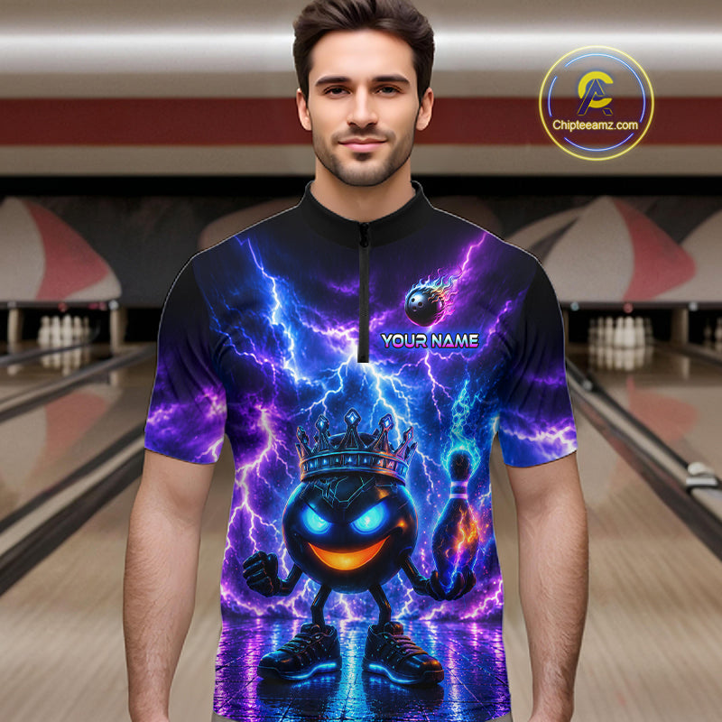 Man wearing a colorful bowling shirt with a design on a bowling alley background