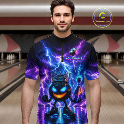 Man wearing a colorful bowling shirt with a design on a bowling alley background