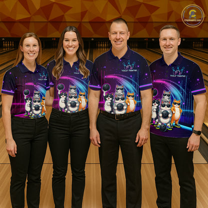 Four people wearing matching bowling shirts with a colorful design on a bowling alley.
