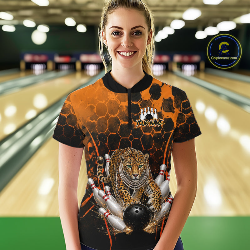 Orange Diomond Leopard Bowling Shirt for Women Custom Bowling Jersey Polo & Quarter-Zip QZT1028