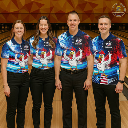 Custom American Flag Chicken Bowling Shirt for Men Patriotic Bowling Jersey Polo & Quarter-Zip QZT1031