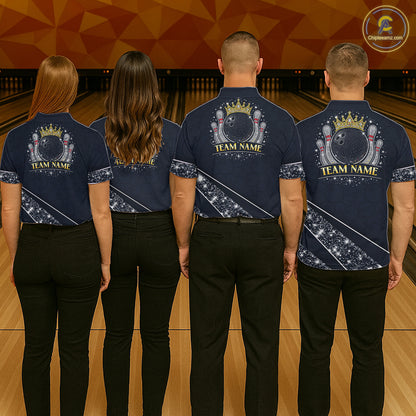 Custom Navy Bowling Shirts with Rhinestones for Men King Bowling Polo & Quarter-Zip Bowling Outfit QZT922