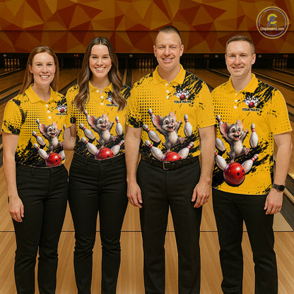 Black & Yellow Funny Mouse Bowling Team Shirt for Women Custom Bowling Jersey Polo & Quarter-Zip QZT1032