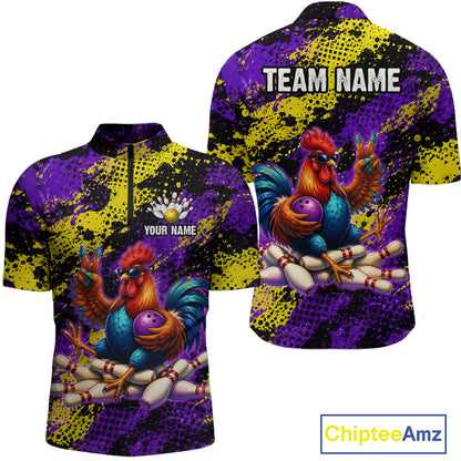 Purple & Yellow Chicken Bowling Shirt for Men Custom Bowling Jersey Rooster Polo & 1/4-Zip QZT1034