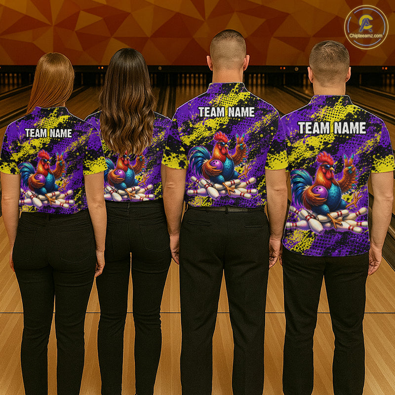 Purple & Yellow Chicken Bowling Shirt for Women Custom Bowling Jersey Rooster Polo & 1/4-Zip QZT1034